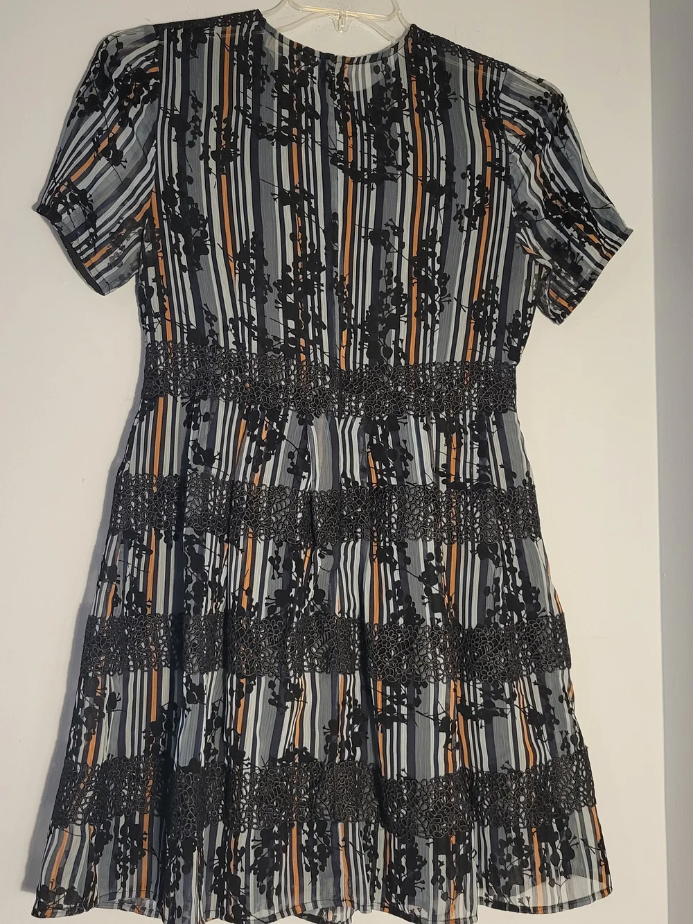 Chelsea28 Black and Blue Vertical Stripe Short Sleeve Lace Detail Dress Size S